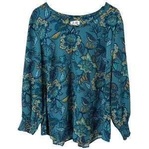 Denim & Co. Floral Blouse Plus Size 1X Teal Blue Long Sleeve Womens Top Pullover